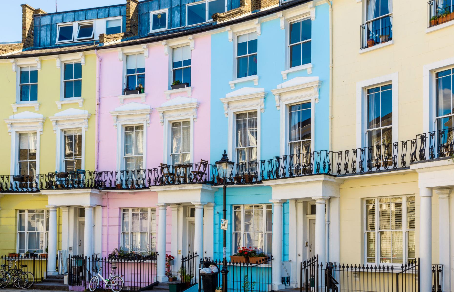 Pastel-hued townhouses, London, UK